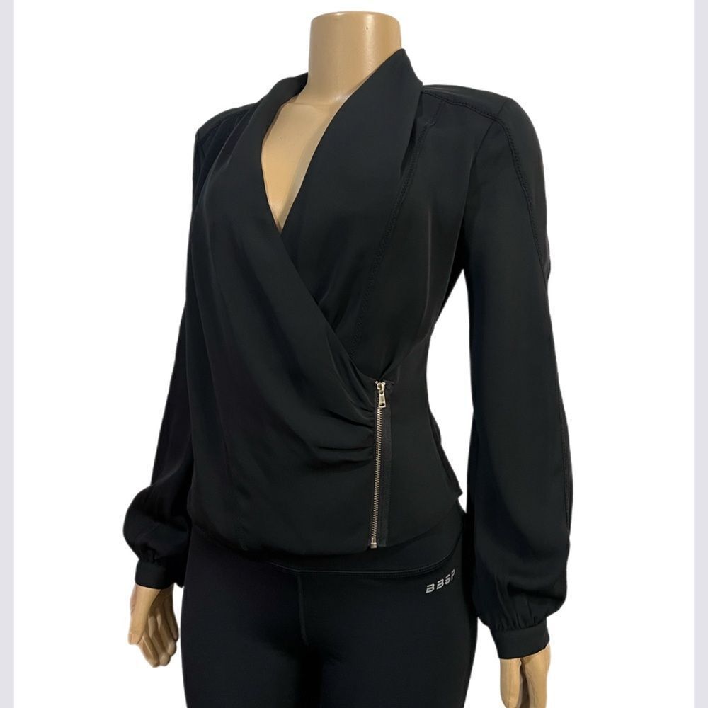 NWT Bebe Multi-trim Wrap Blouse long sleeve Black Small